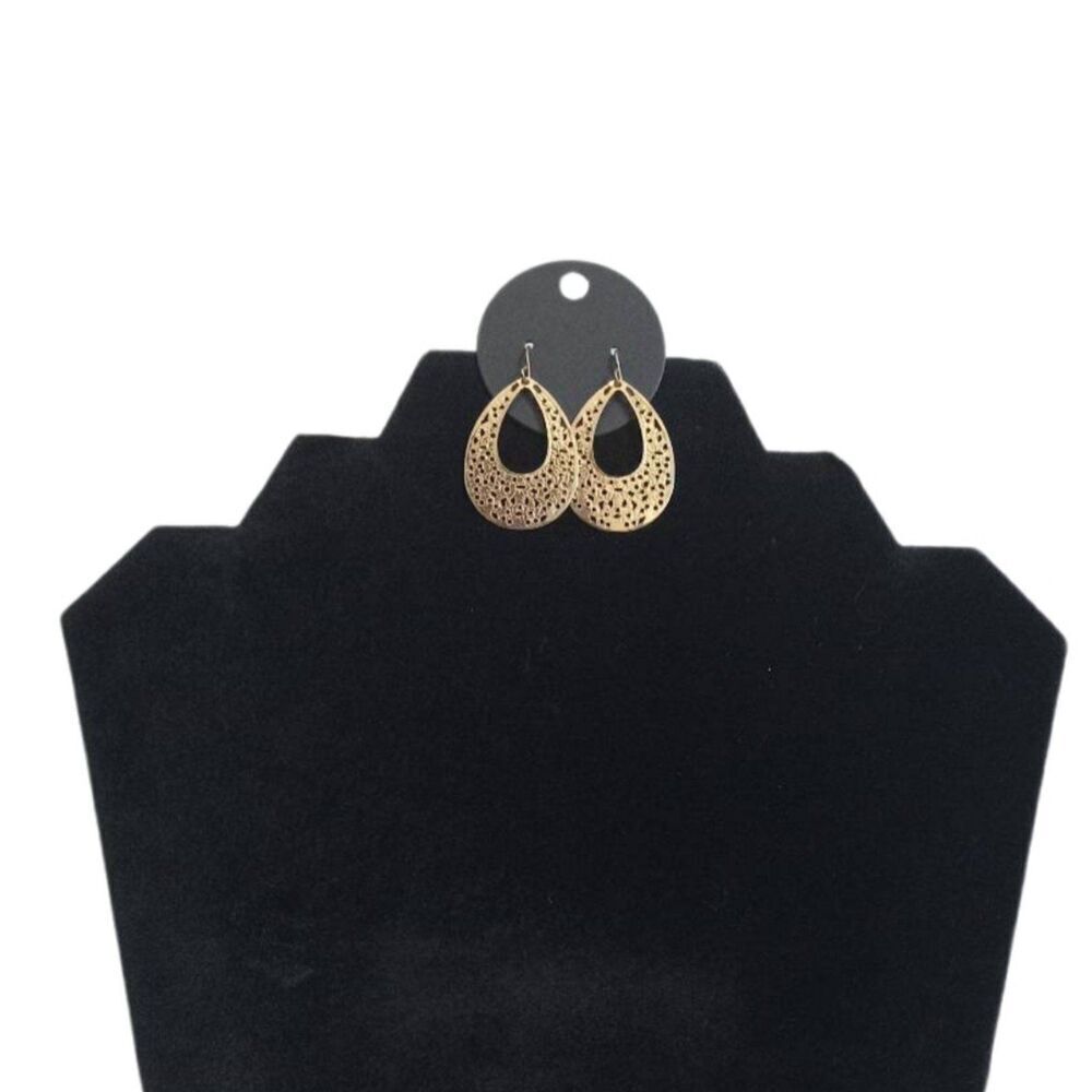 Gold Toned Lightweight Thin Metal Dotted Cutouts Dangle Style Teardrop Earrings